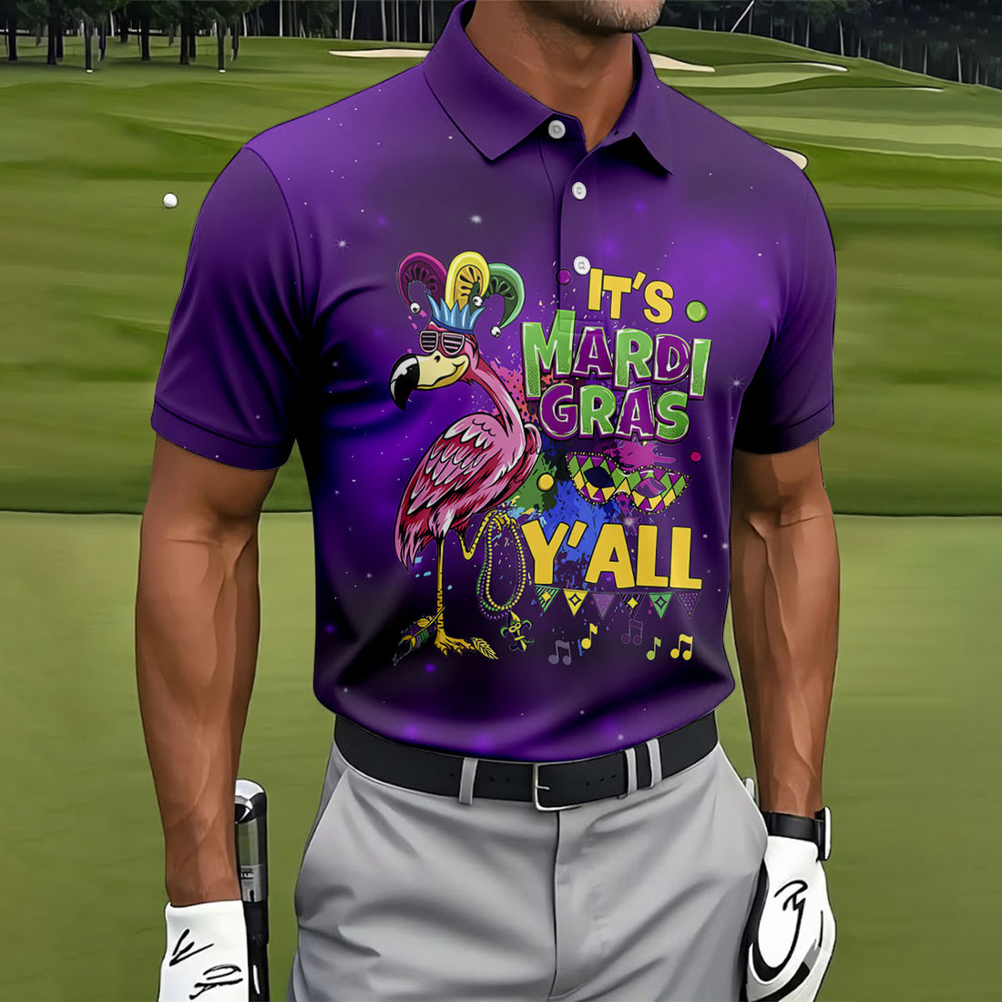 It's Mardi Gras Y'All Funny Flamingo Purple Golf Shirt, Polo Shirts For Men, Golf Shirts For Men