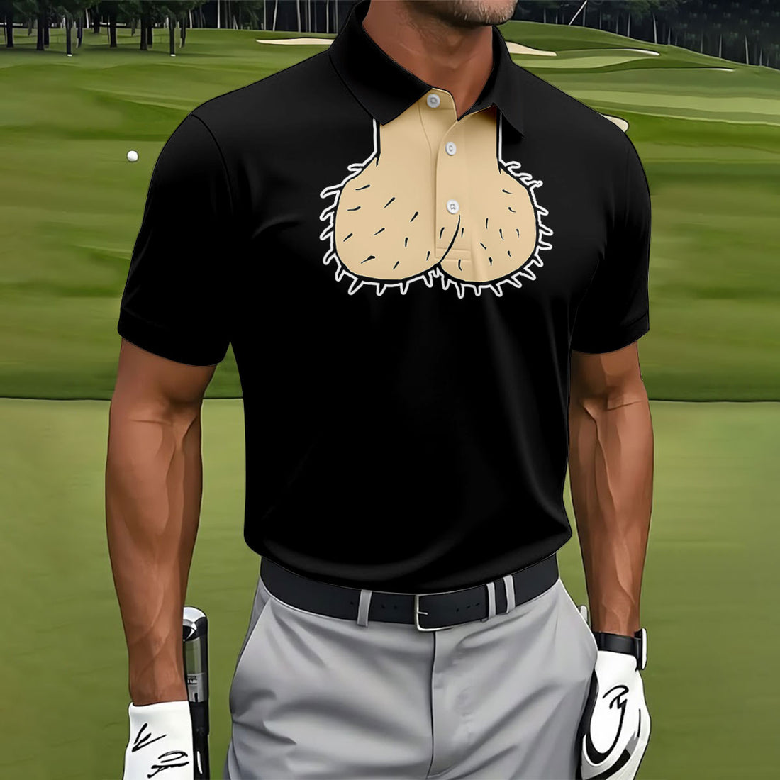 Black Funny Dickhead Faux Chest Golf Shirt, Men's Golf Shirt, Polo Shirts For Men