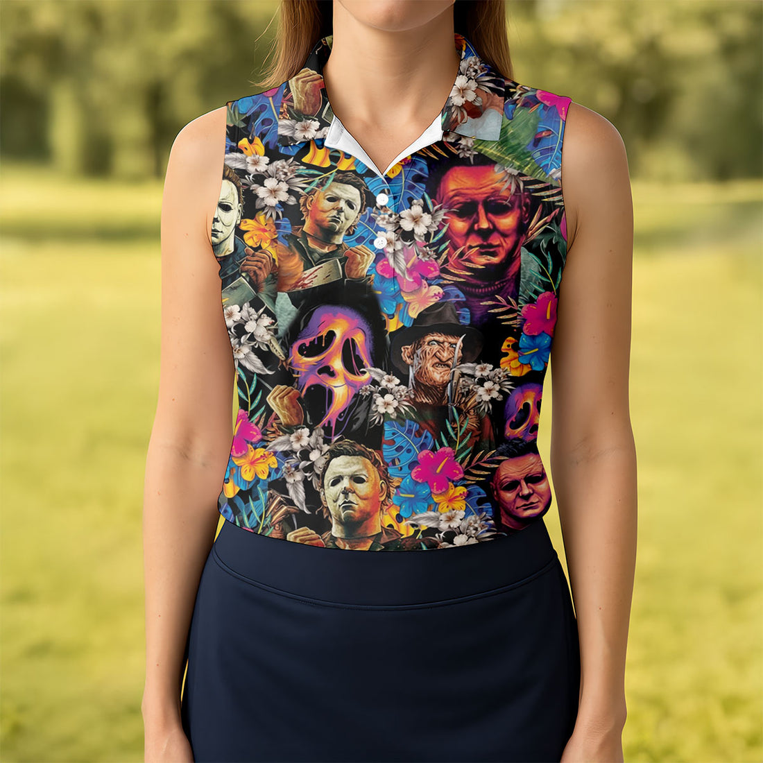 Tropical Horror Character Hawaiian Golf Shirt, Women's Golf Polo, Halloween Golf Apparel