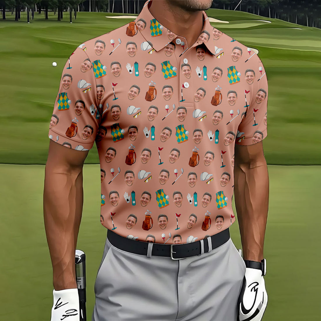 Peach Custom Photo Golf Icons Polo Shirt, Men's Golf Shirt, Printed Golf Shirts
