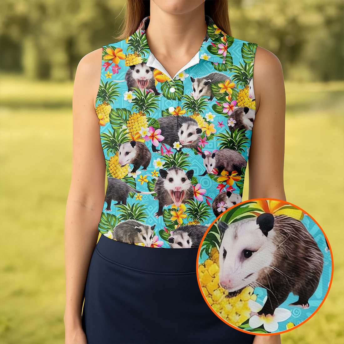 Funny Opossums Among Pineapples Pattern Hawaiian Golf Polo, Golf Tops For Women, Golfing Apparel