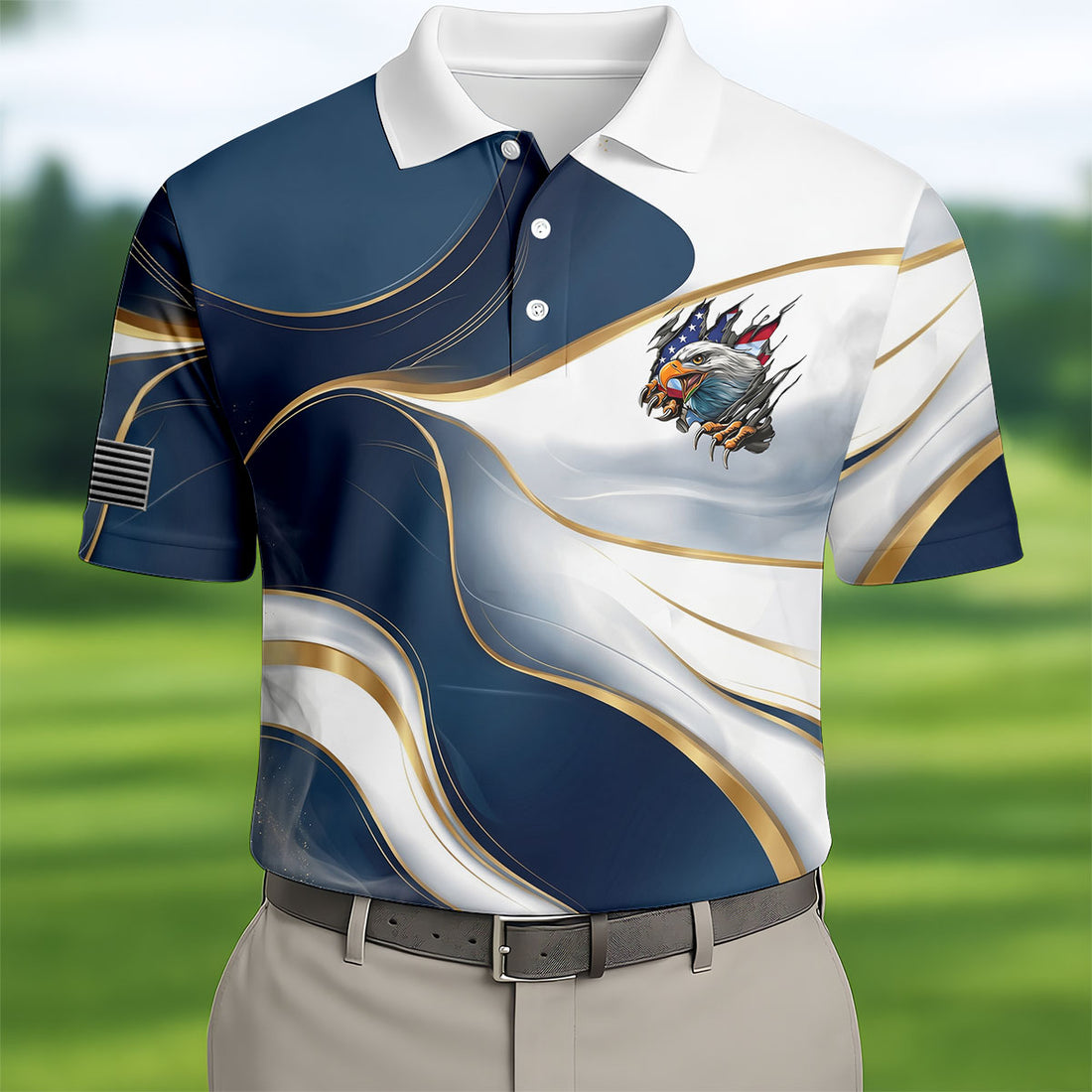 Luxury Gold Wave Bald Eagle Men's 250 Years USA Patriotic Golf Shirt, 4th of July Golf Shirt