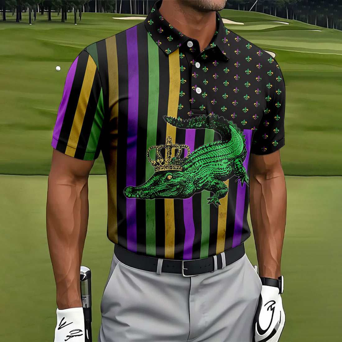 Mardi Gras Aligator Purple Green Gold Vertical Stripes Fleur De Lis Golf Tops For Men, Polo Shirts For Men