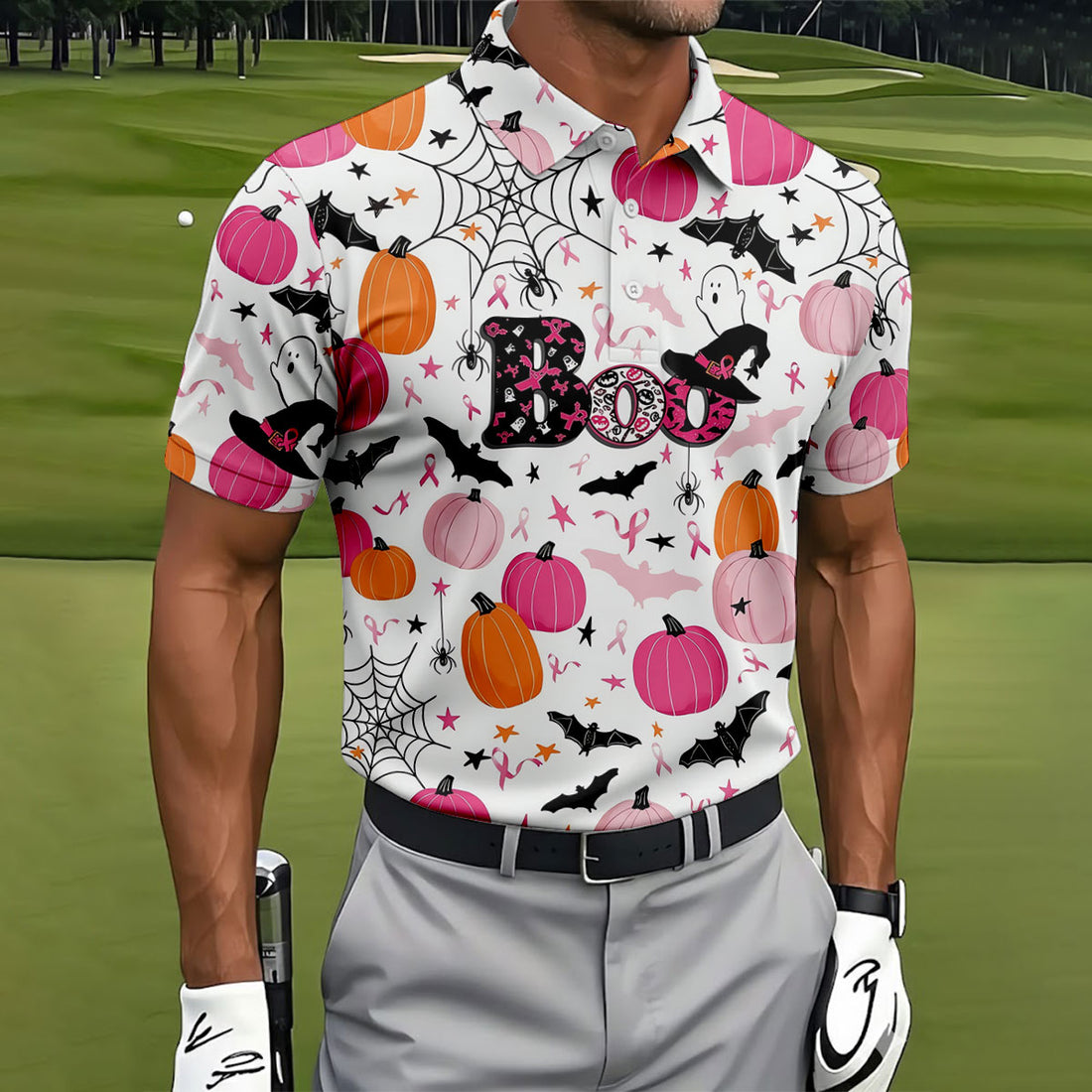 Ghost Horror Breast Cancer Ribbon Halloween Polo Shirt, Cancer Awareness Golf Shirt, Mens Golf Shirts