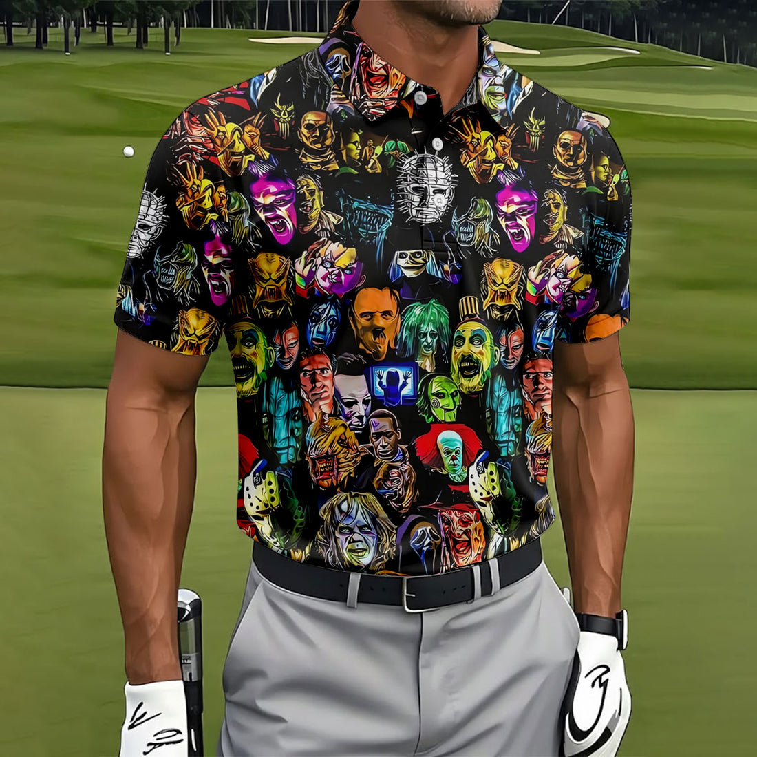 Halloween Horror Character Hawaiian Golf Shirt, Mens Golf Polo, Golf Shirts For Men