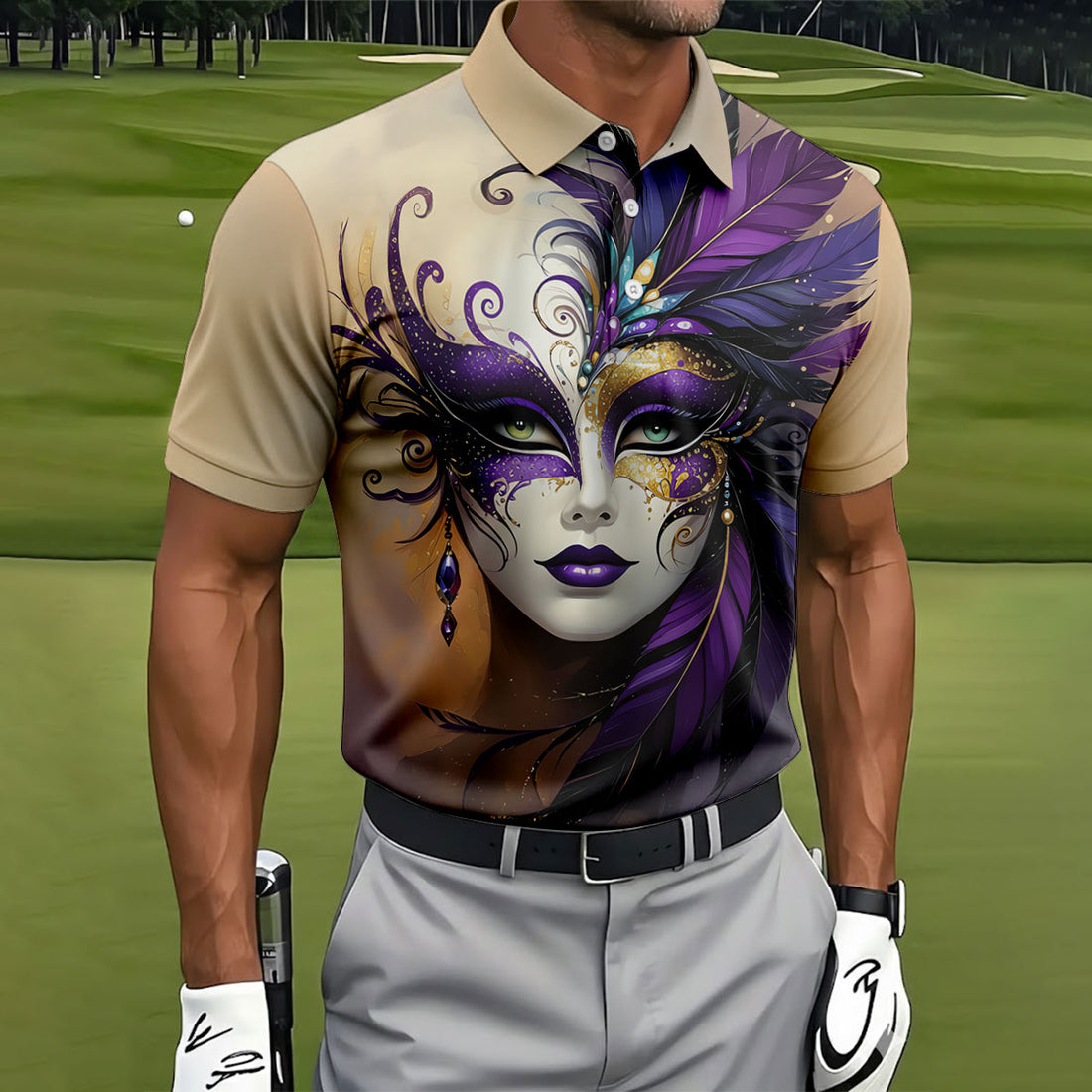 Feather Mask Mardi Gras Golf Shirt, Purple And Beige Golf Shirts For Men, Polo Shirts For Men