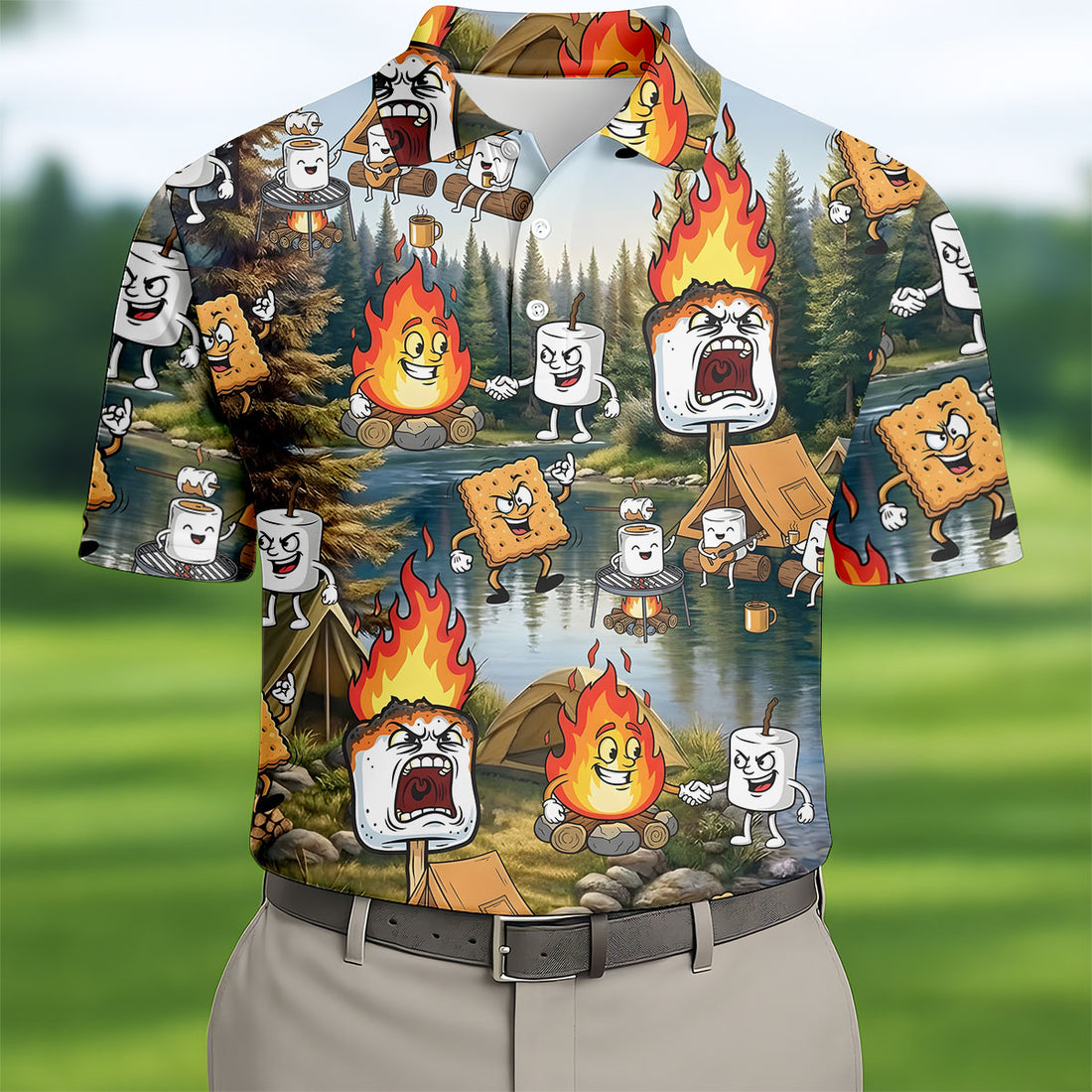 Cartoon Marshmallow, Graham Cracker and Campfire Characters Lake Camping Hawaiian Golf Polo, Golf Tops For Men, Golfing Apparel