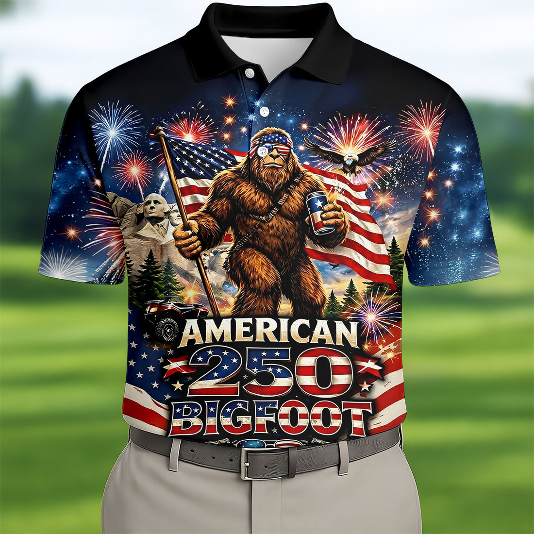American 250 US Flag Pattern Bigfoot Golf Shirt, Patriotic 4th Of July Golf Shirts For Men