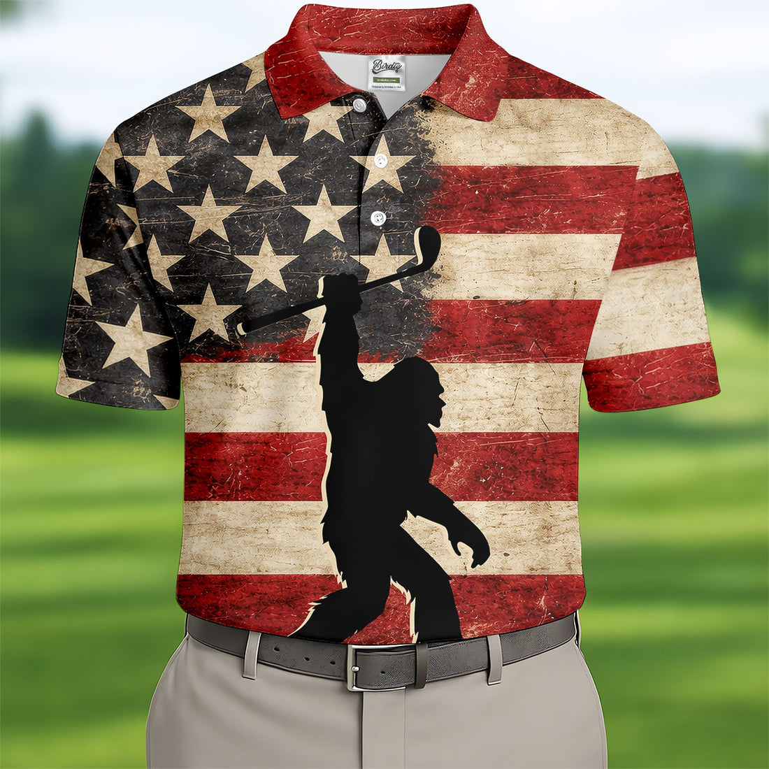 Vintage American Flag Bigfoot Golfer Polo Shirt, Mens Golf Polo, Golf Polo Shirts For Men