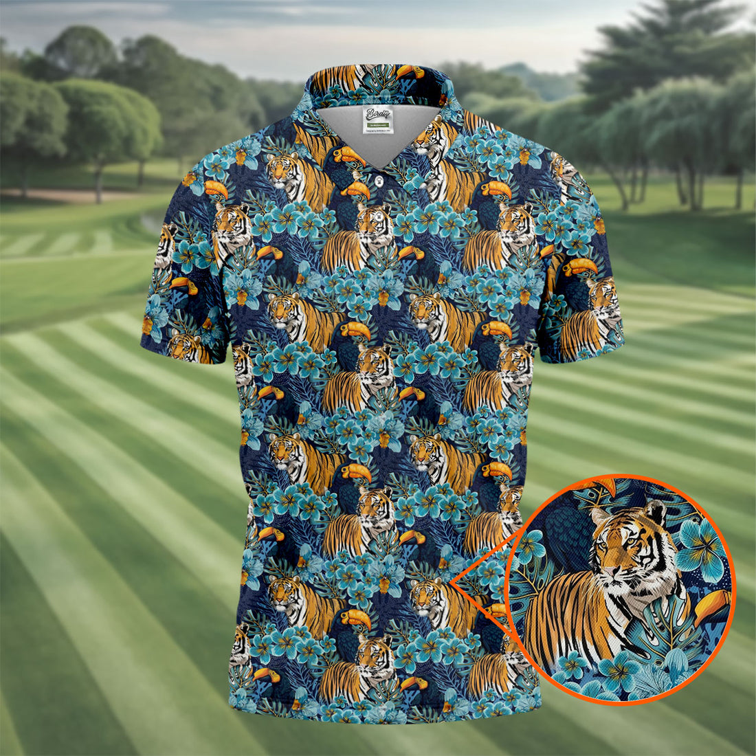 Tiger And Toucan Tropical Foliage Hawaiian Golf Shirt, Polo Shirts For Men, Golfing Apparel