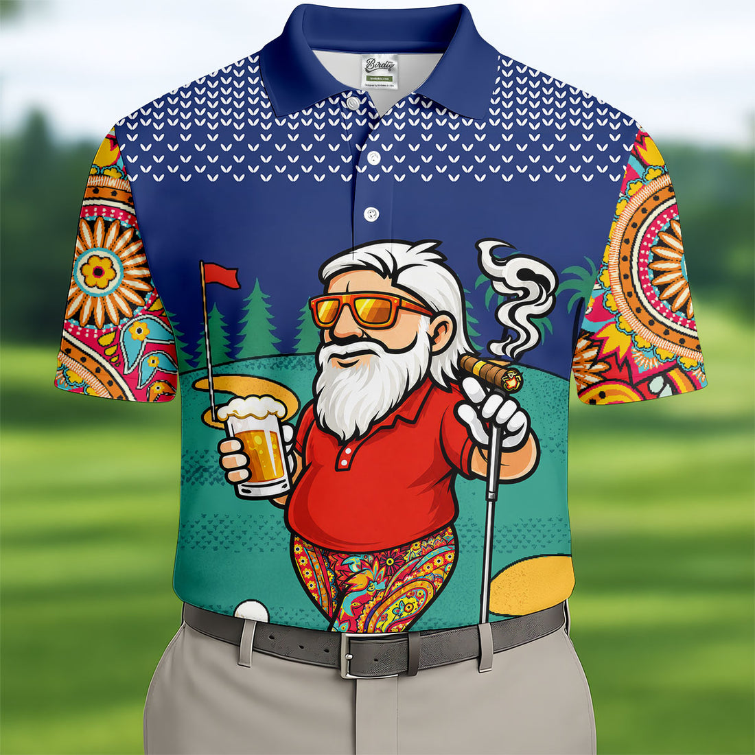Men's Funny Golf Santa Beer And Cigar Polo Shirt, Christmas Golf Shirt, Golf Apparel For Men