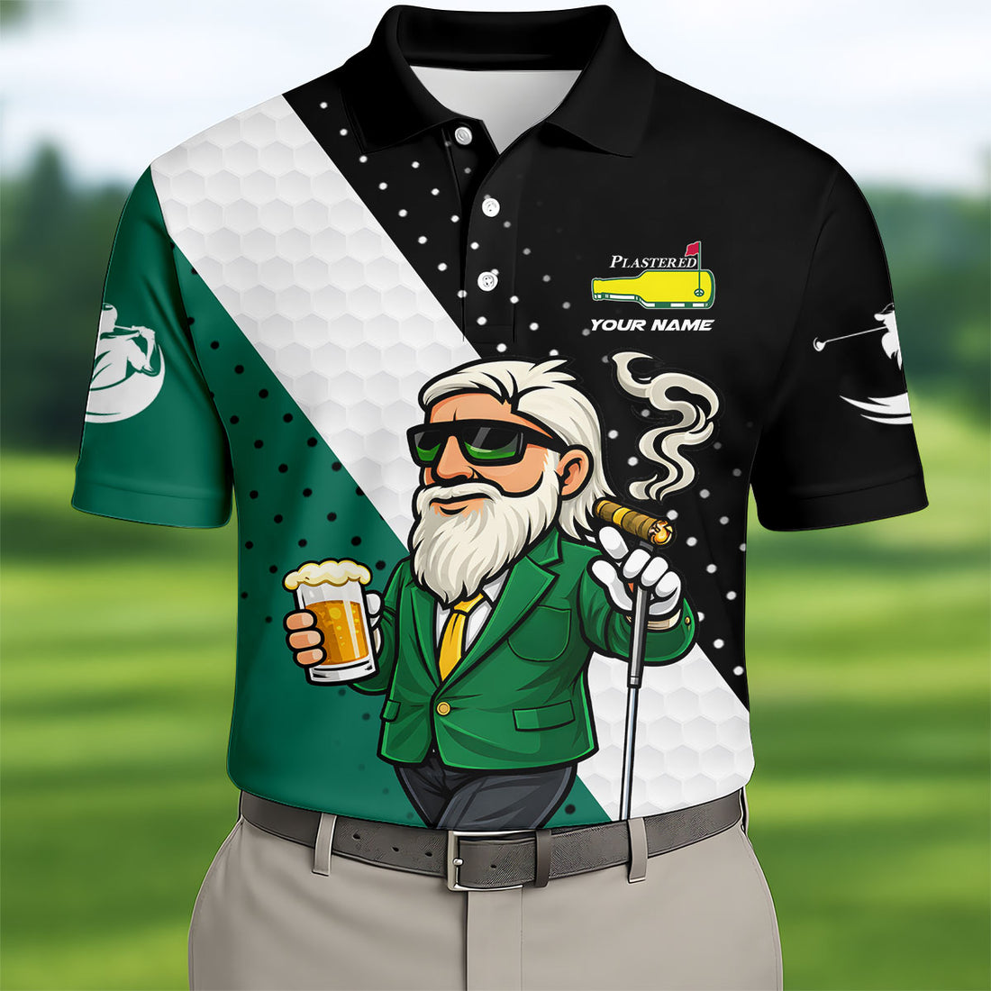 Happiness Is An Old Man With A Beer Plastered Beer Bottle Logo Golf Tops For Men, Golf And Beer Fun Golf Shirt