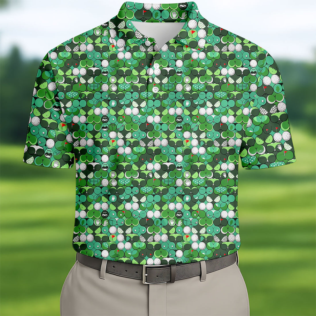 Green Golf Ball And Flag Pattern Golf Shirt, Golf Shirts For Men, Men's Golf Shirt, Polo Shirts For Men