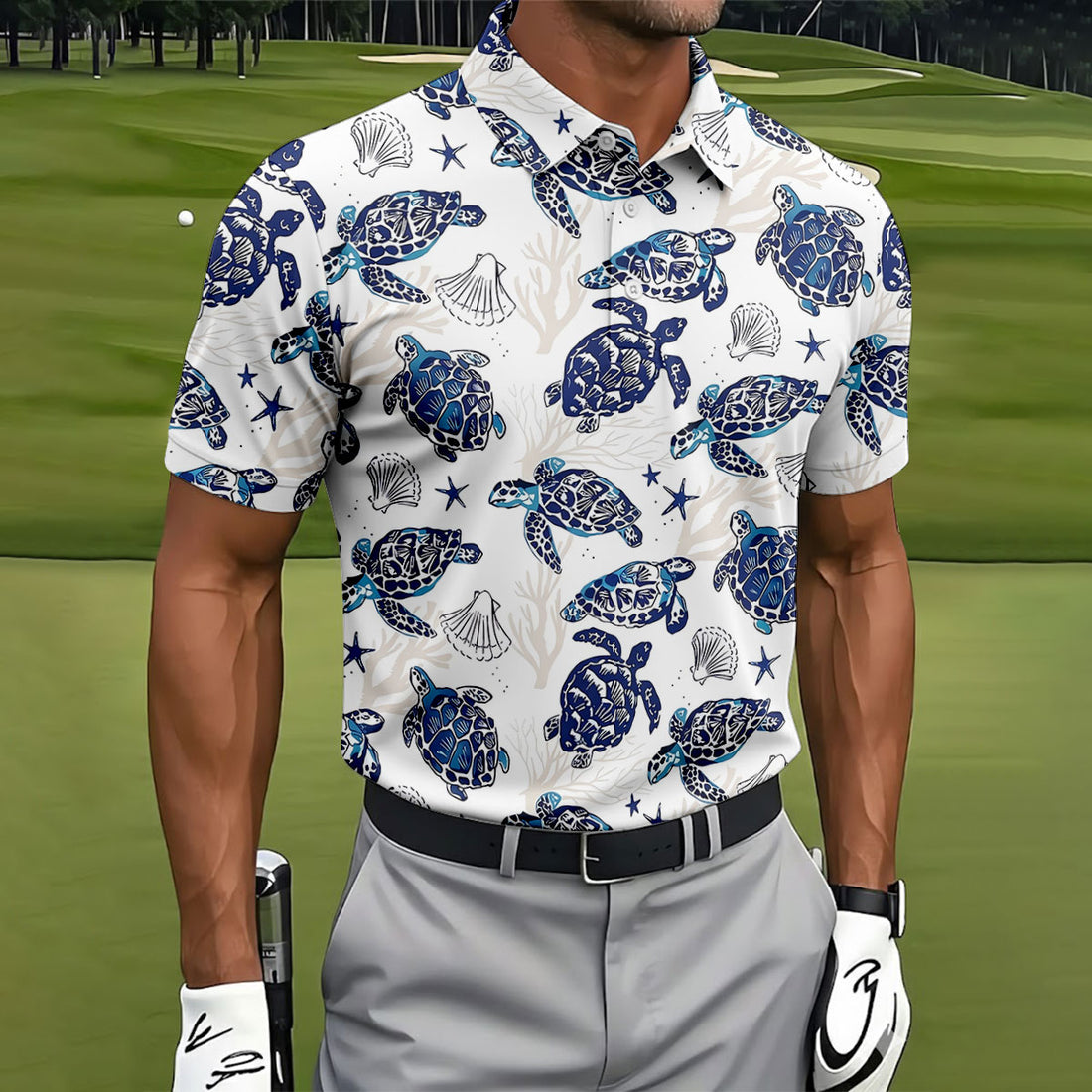 Sea Turtle, Starfish, Seashells and Coral Reef Art Hawaiian Golf Polo, Golf Tops For Men, Golfing Apparel