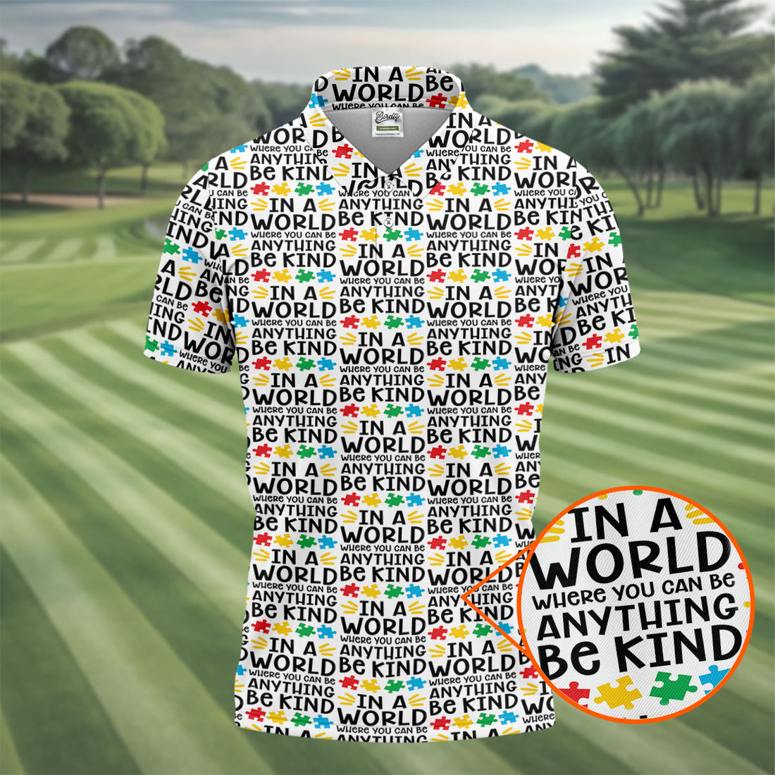 In A World Where You Can Be Anything Be Kind Autism Awareness Puzzle Pattern White Golf Shirt, Polo Shirts For Men