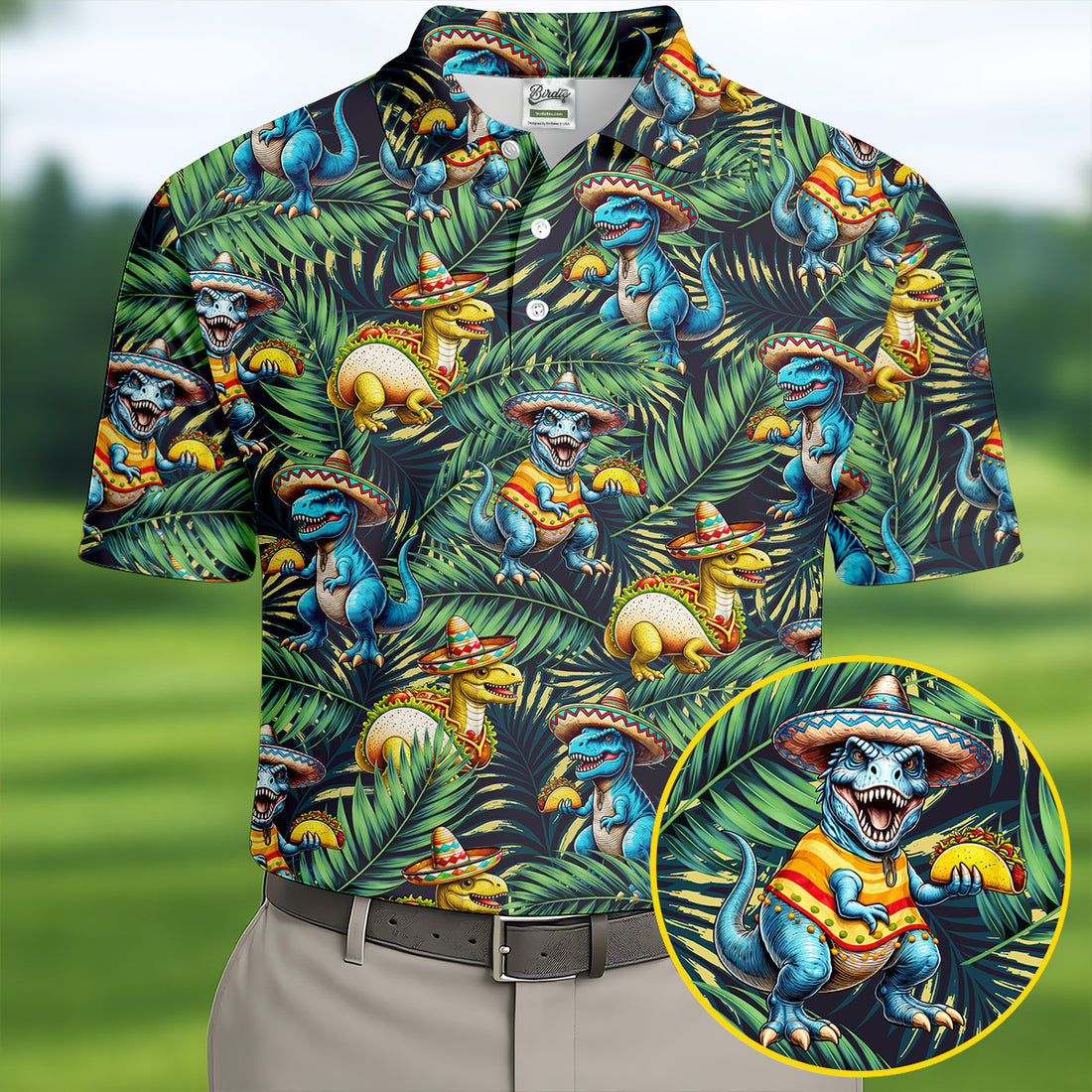 Mexican Dinosaurs and Tacos Design Hawaiian Golf Polo, Golf Tops For Men, Golfing Apparel