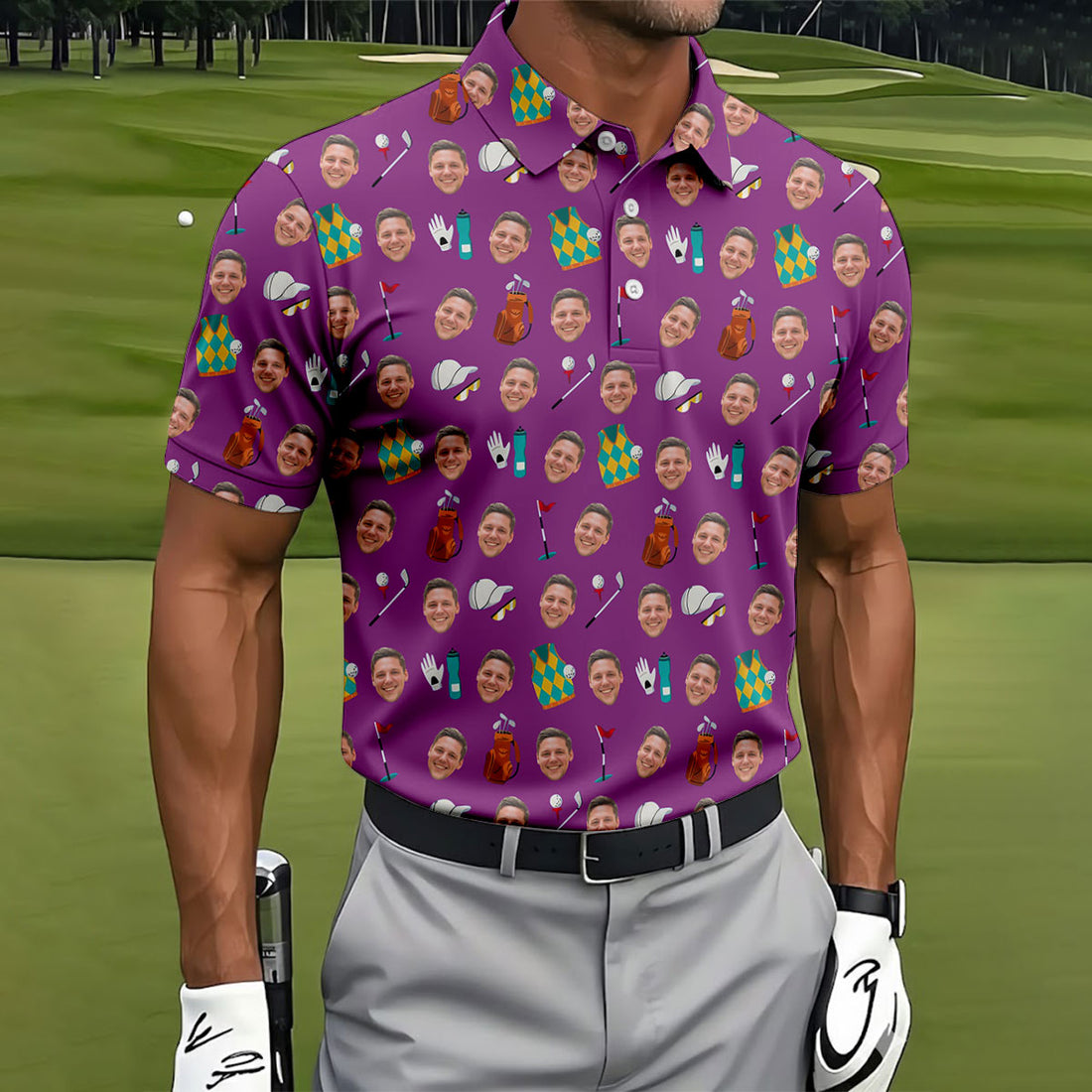 Purple Custom Photo Golf Icons Polo Shirt, Mens Golf Shirts, Printed Golf Shirts