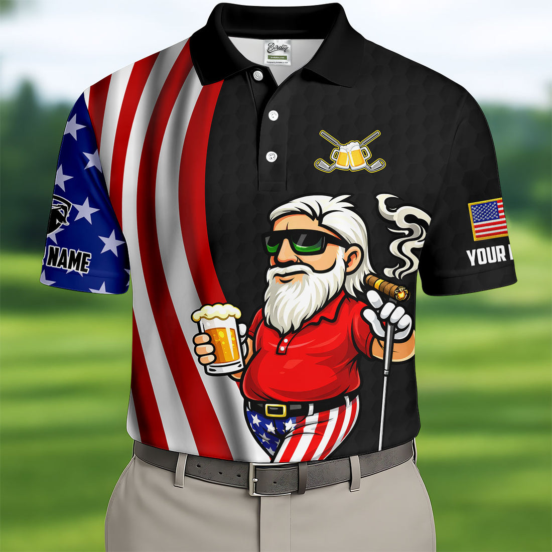 Patriotic Man Golf And Beer Funny 4th Of July Black Golf Shirt, 250 Years Of America Golf Shirts For Men