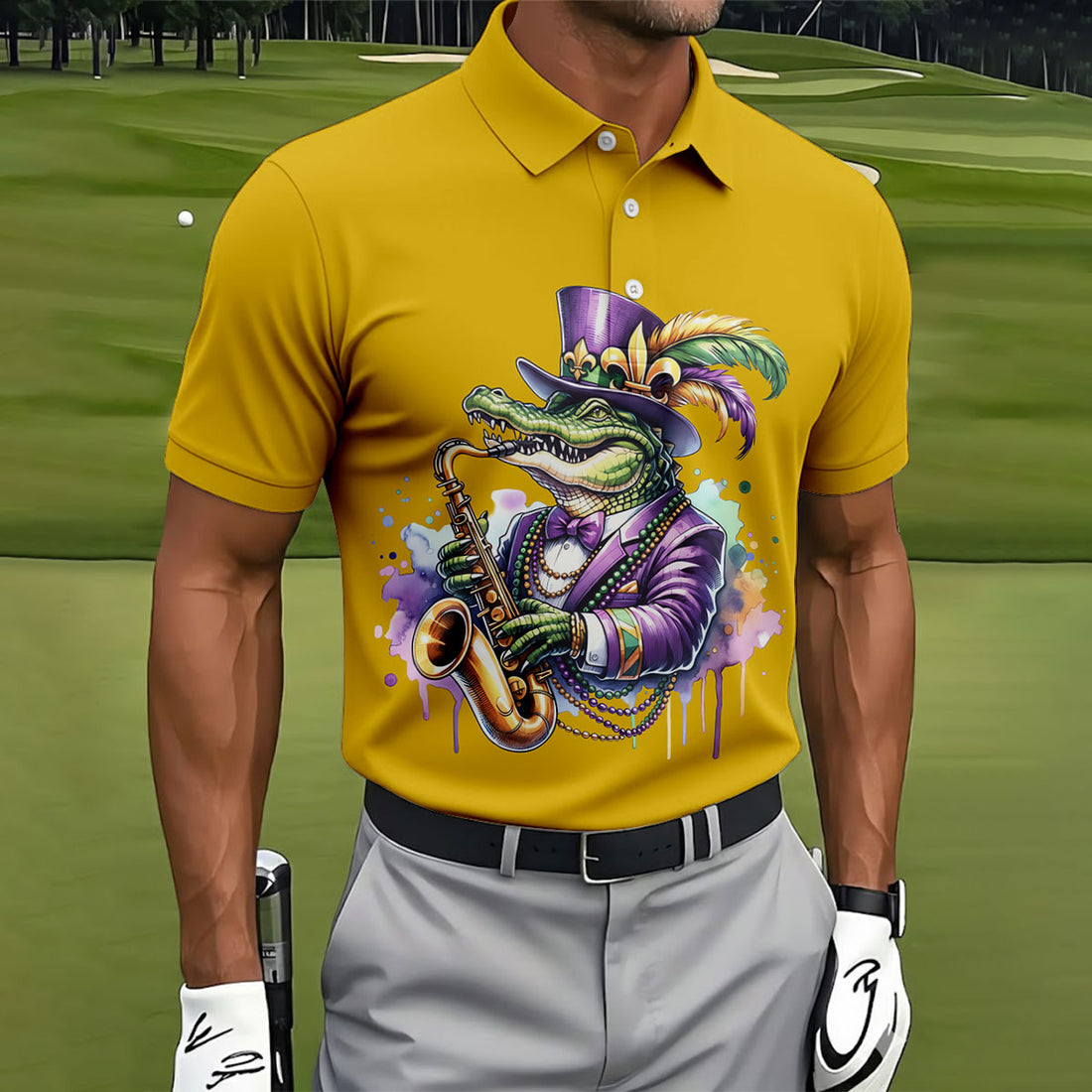 Mardi Gras Alligator Playing Saxophone Yellow Golf Shirt, Golf Shirts For Men, Polo Shirts For Men