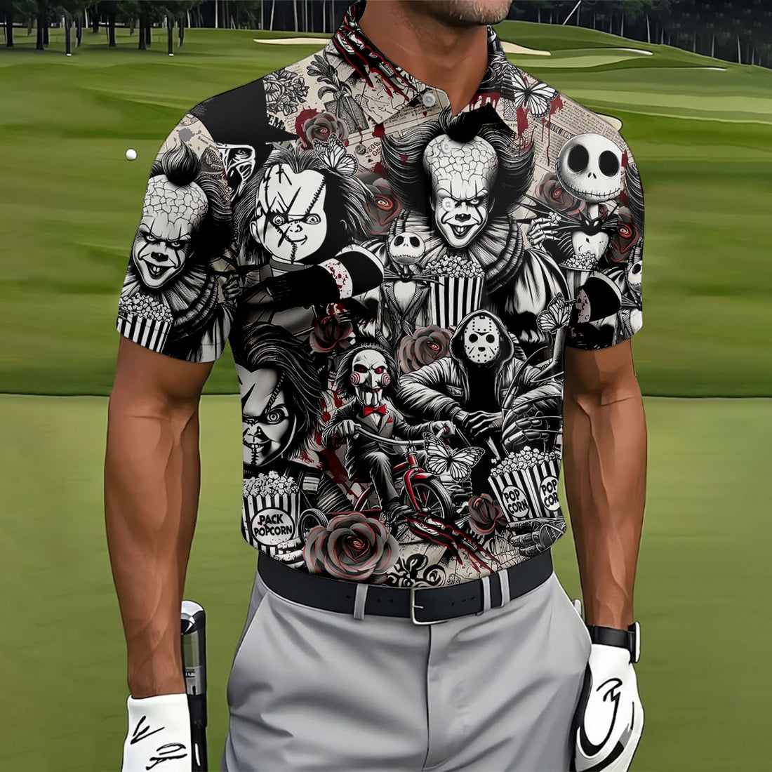 Horror Character Movie Collage Golf Polo Shirt, Men's Golf Polo, Hawaiian Golf Shirt