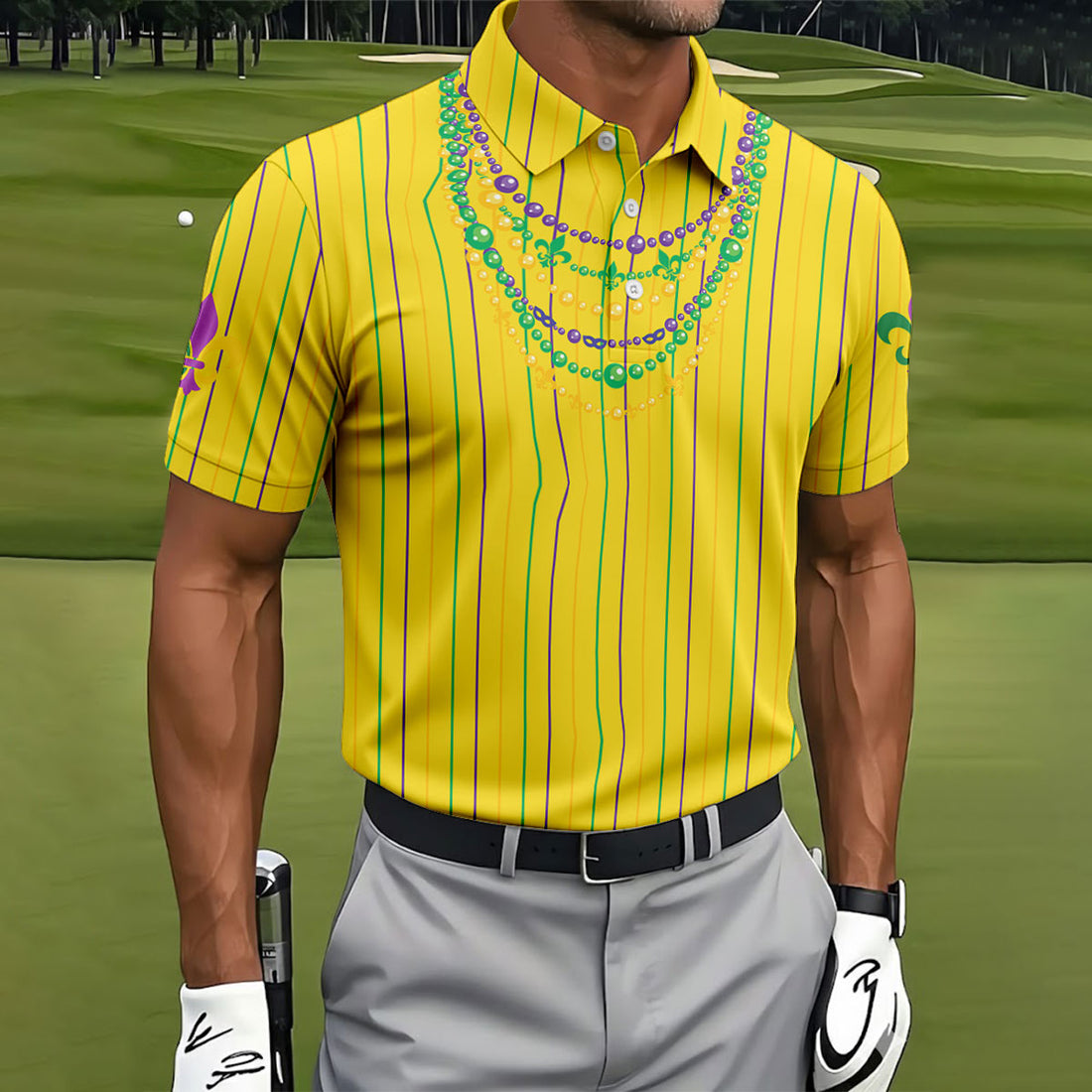 Mardi Gras Beads Necklaces Print Yellow Golf Shirt, Golf Tops For Men, Polo Shirts For Men, Golf Shirts For Men