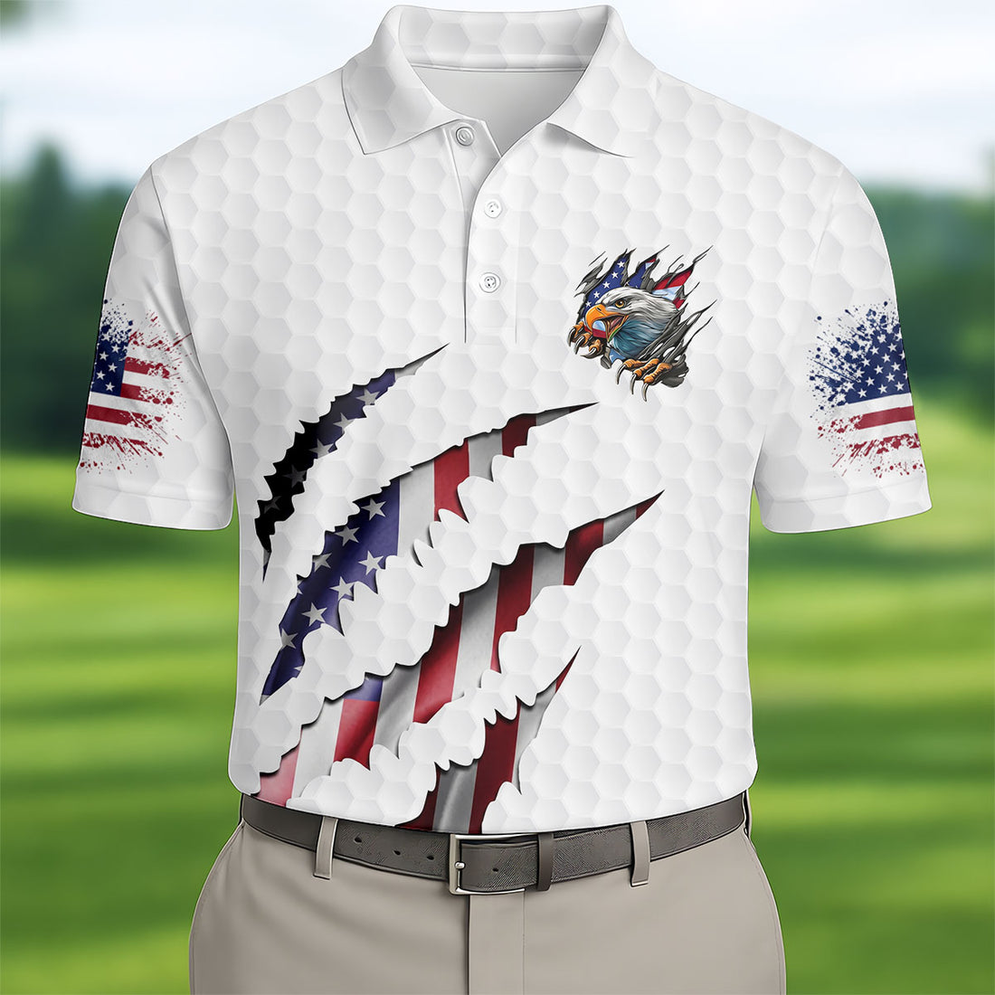 Bald Eagle American Flag Claw Marks Men's 250 Years USA Patriotic Golf Shirt, 4th of July Golf Shirt