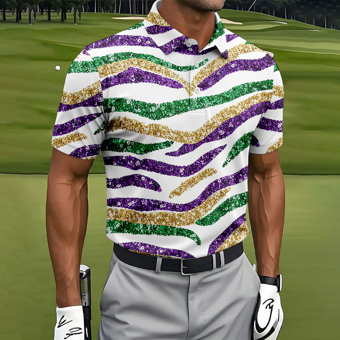 Purple Green Gold Sequin Pattern White Mardi Gras Golf Shirt, Polo Shirts For Men, Golf Shirts For Men