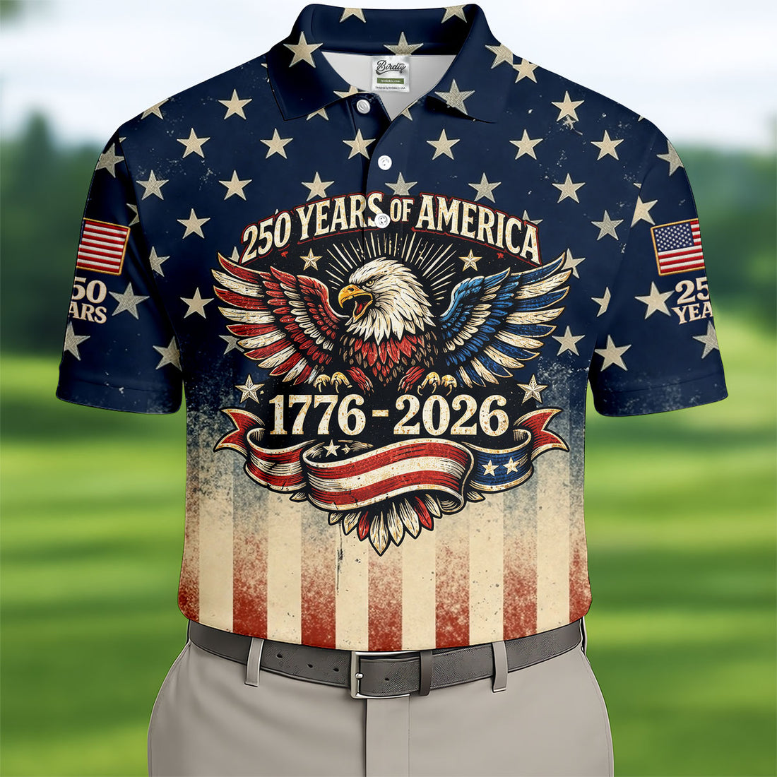 250 Years Bald Eagle US Flag Retro Golf Shirt, Patriotic 4th Of July Golf Shirts For Men