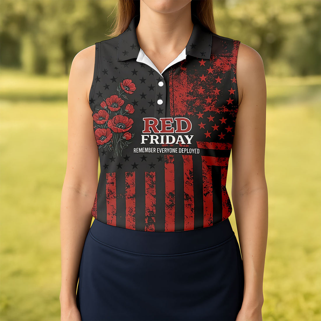 Red Friday American Flag Poppy Polo Shirt, Women’s Golf Apparel, Printed Golf Shirt