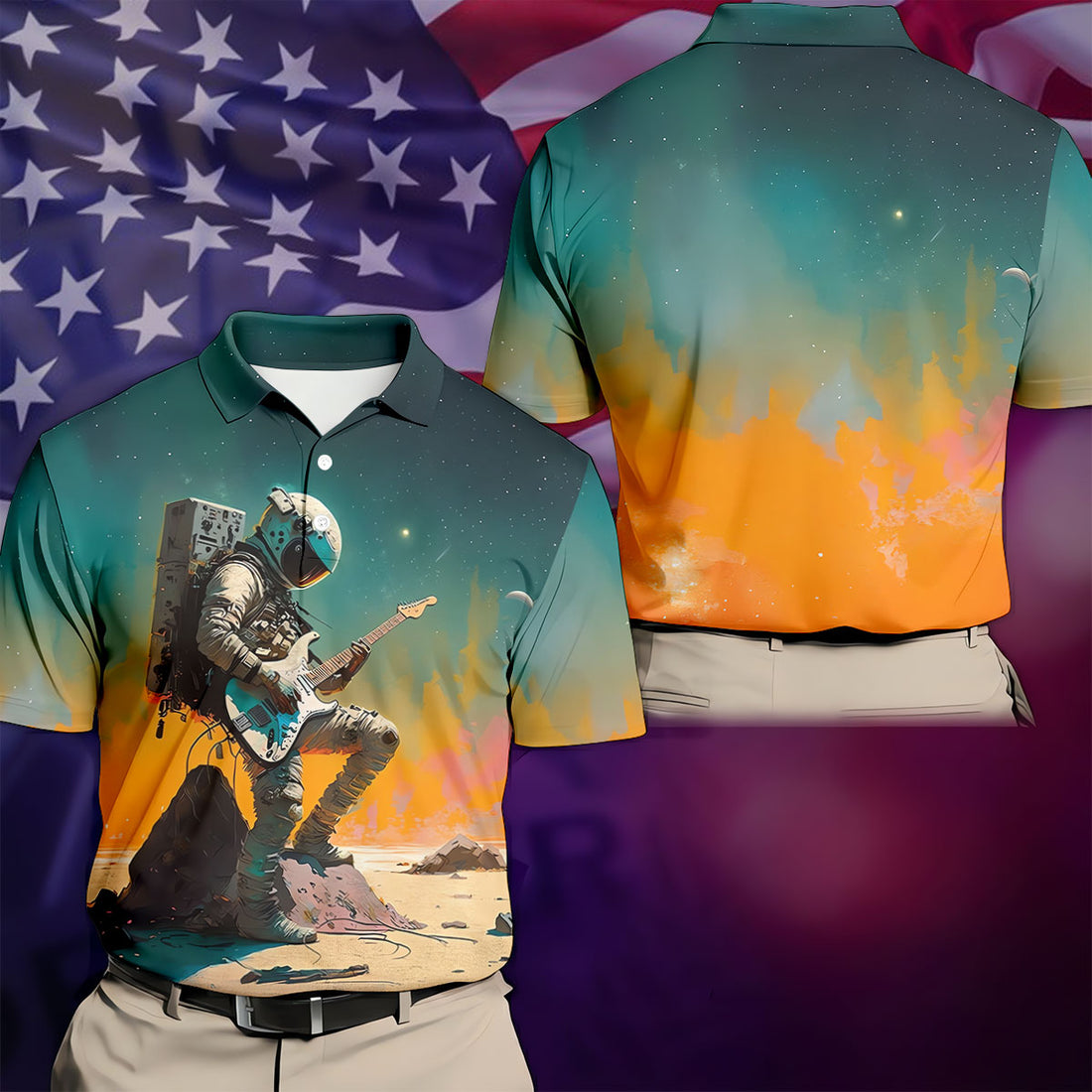 Astronaut Rock Guitar Teal Sunset Hawaiian Golf Polo, Golf Tops For Men, Golfing Apparel