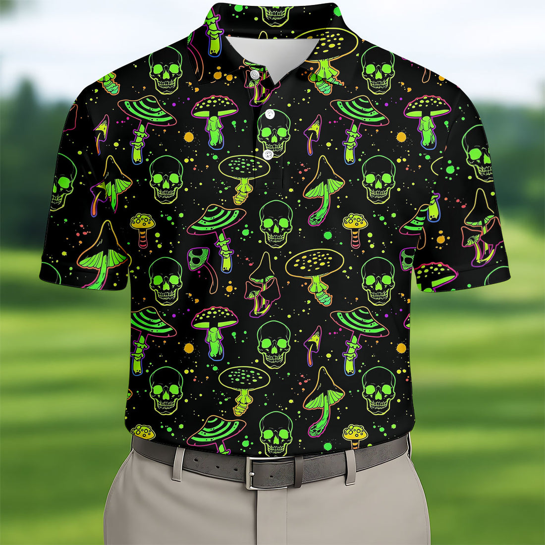 Mushroom And Skull Neon Pattern Hawaiian Golf Shirt, Men's Funny Golf Shirts