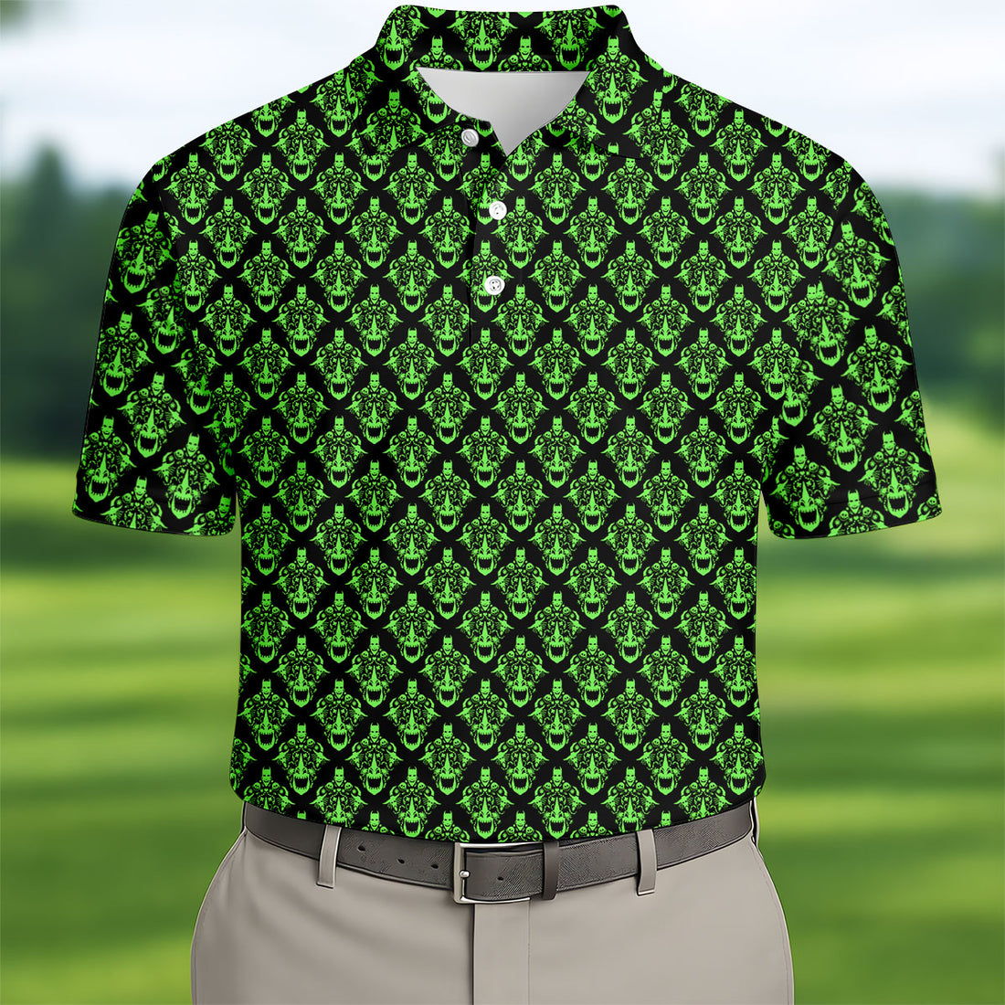 Neon Green Horror Character Pattern Golf Shirt, Mens Golf Polo, Halloween Golf Shirt