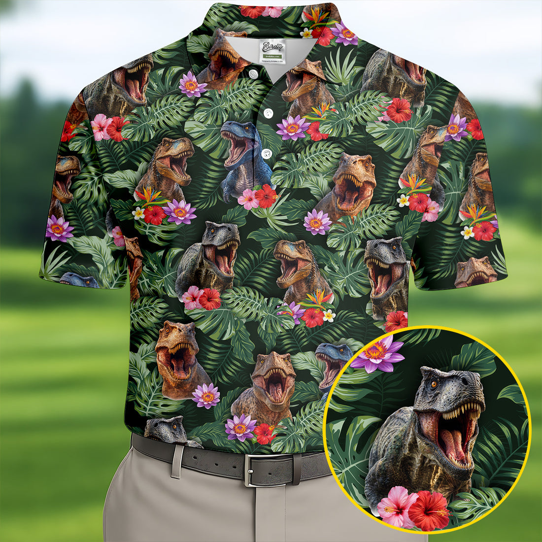 Tropical T Rex Floral Pattern Hawaiian Golf Polo, Golf Tops For Men, Golfing Apparel