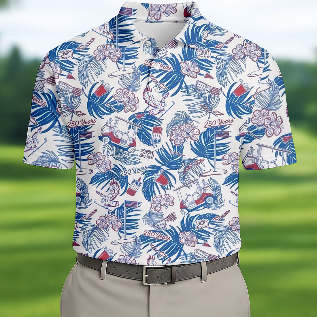 250 Years Red White Blue Tropical Floral Patriotic Golf Shirt, 4th Of July Golf Shirts For Men