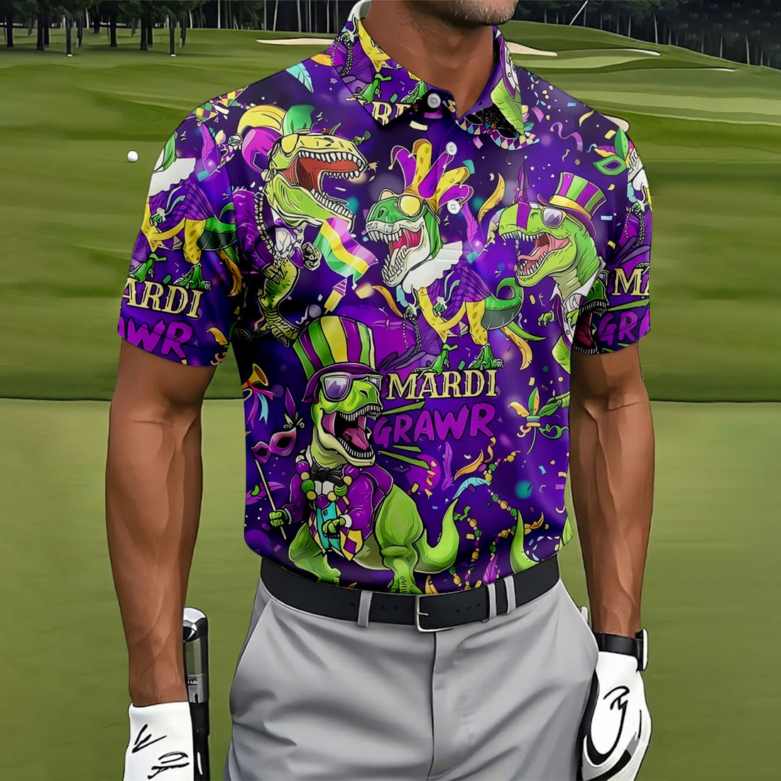 Mardi Grawr Purple Green Gold Funny Dinosaur Mardi Gras Golf Shirt, Golf Shirts For Men, Polo Shirts For Men