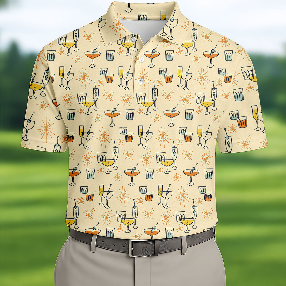 Retro Cocktail Drinks Pattern Golf Polo Shirt, Golf Polo Shirts For Men, Mens Golf Apparel
