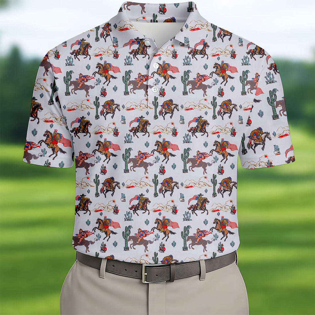 Patriotic Cowboy Horse Pattern Golf Polo Shirt, Men's Golf Polo, Hawaiian Golf Shirt