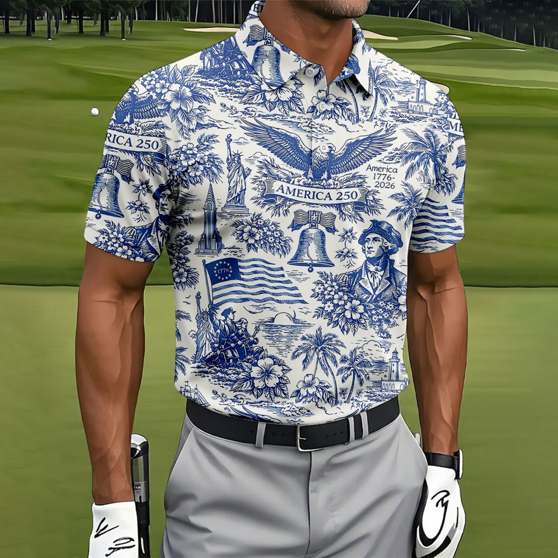 250th Anniversary Toile De Jouy American Symbols Vintage Golf Shirt, Patriotic 4th Of July Golf Shirts For Men