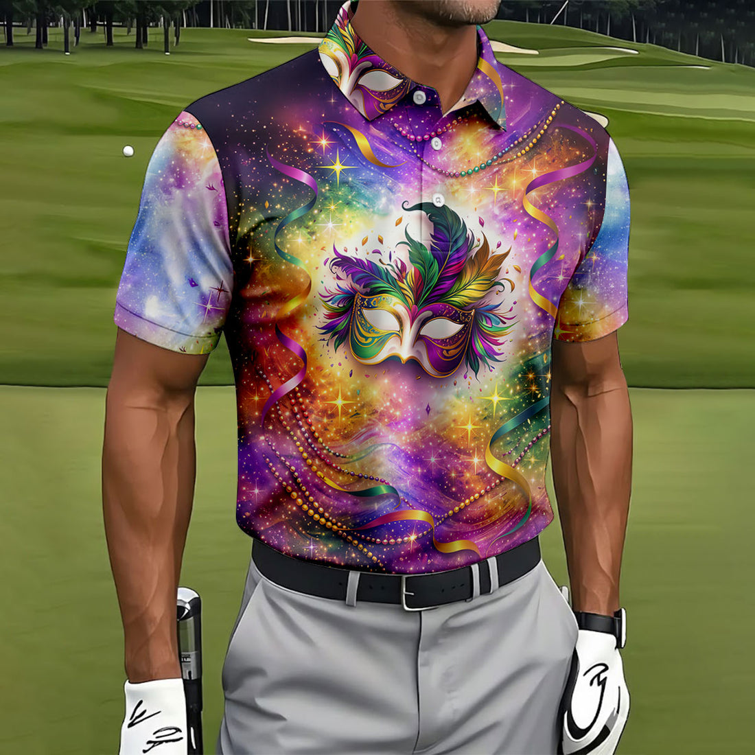 Carnival Mask Feather Print Purple Green Gold Dazzling Effect Mardi Gras Polo Shirts For Men, Golf Shirts For Men