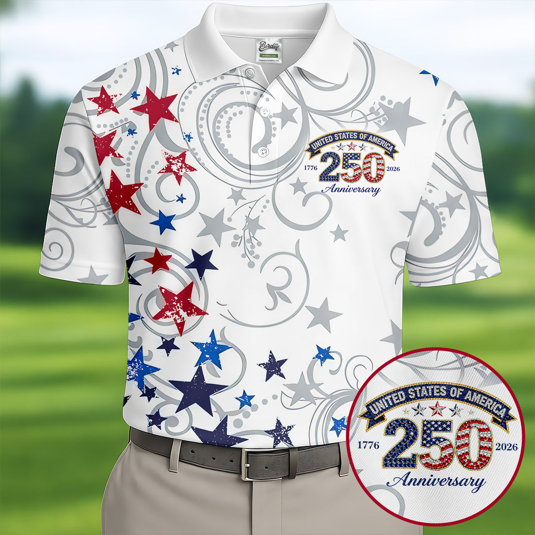 United States Of America 250 Anniversary Patriotic 4th Of July Golf Shirt, Red Blue Stars Golf Shirts For Men