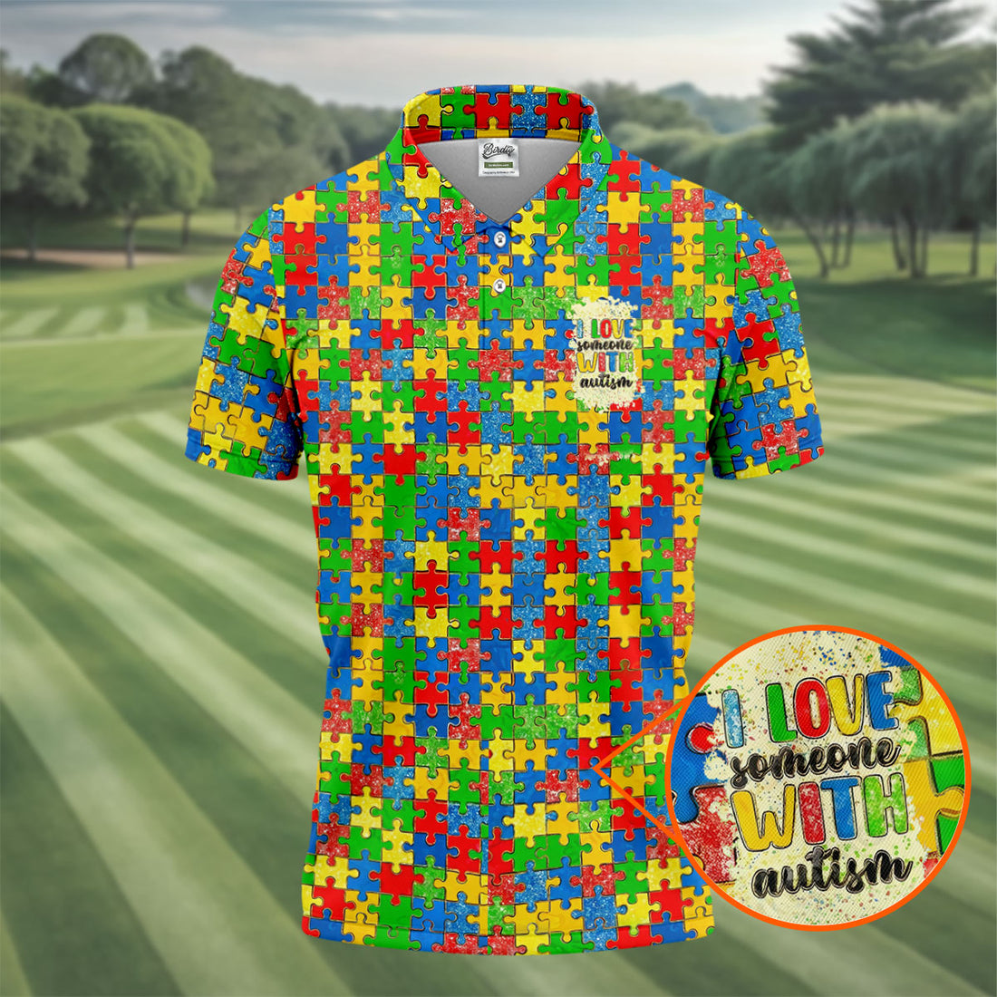 I Love Someone With Autism Colorful Puzzle Pattern Men's Golf Shirt, Autism Awareness Polo Shirts For Men
