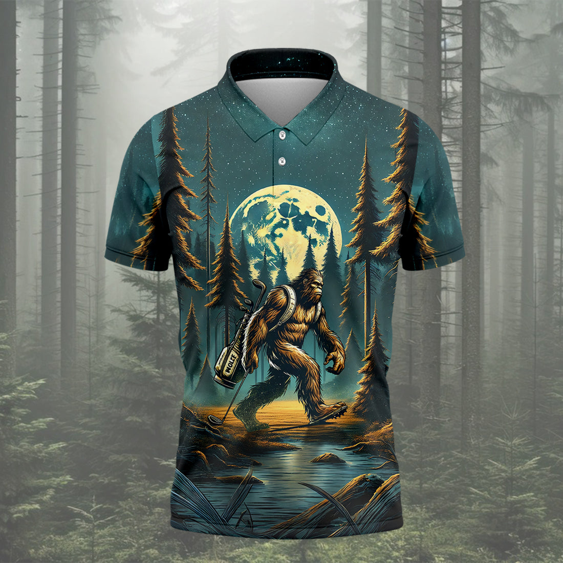 Bigfoot Forest Custom Men's Funny Golf Polo Shirt, Golf Gifts For Dad, Golf Presents