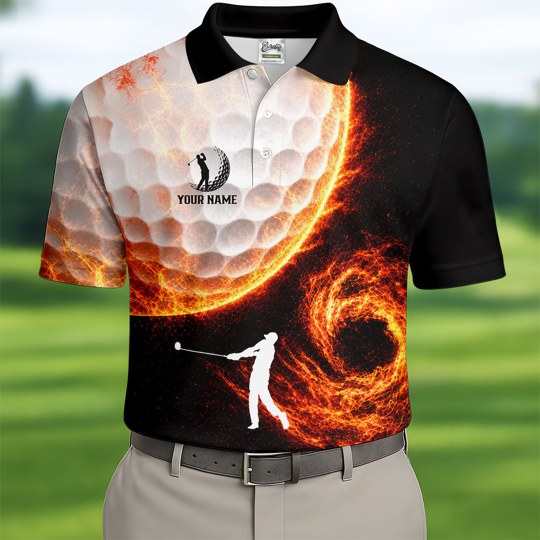 Custom Your Name Fire Golf Ball Polo Shirt, Golf Polo Shirts For Men, Mens Golf Apparel