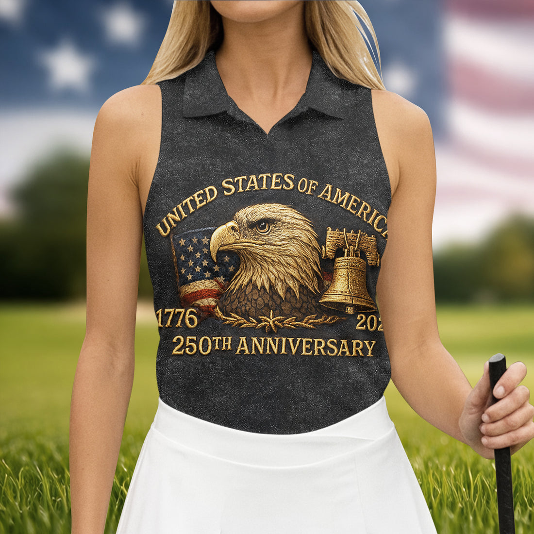 Bald Eagle American Flag 250th Anniversary Dark Grey Color Women's Golf Tops, Ladies Golf Shirts