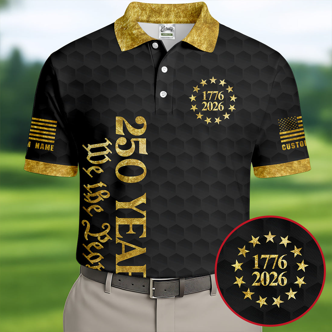 We The People 250 Years Gold Textured Patriotic Golf Shirt, 4th Of July Golf Shirts For Men