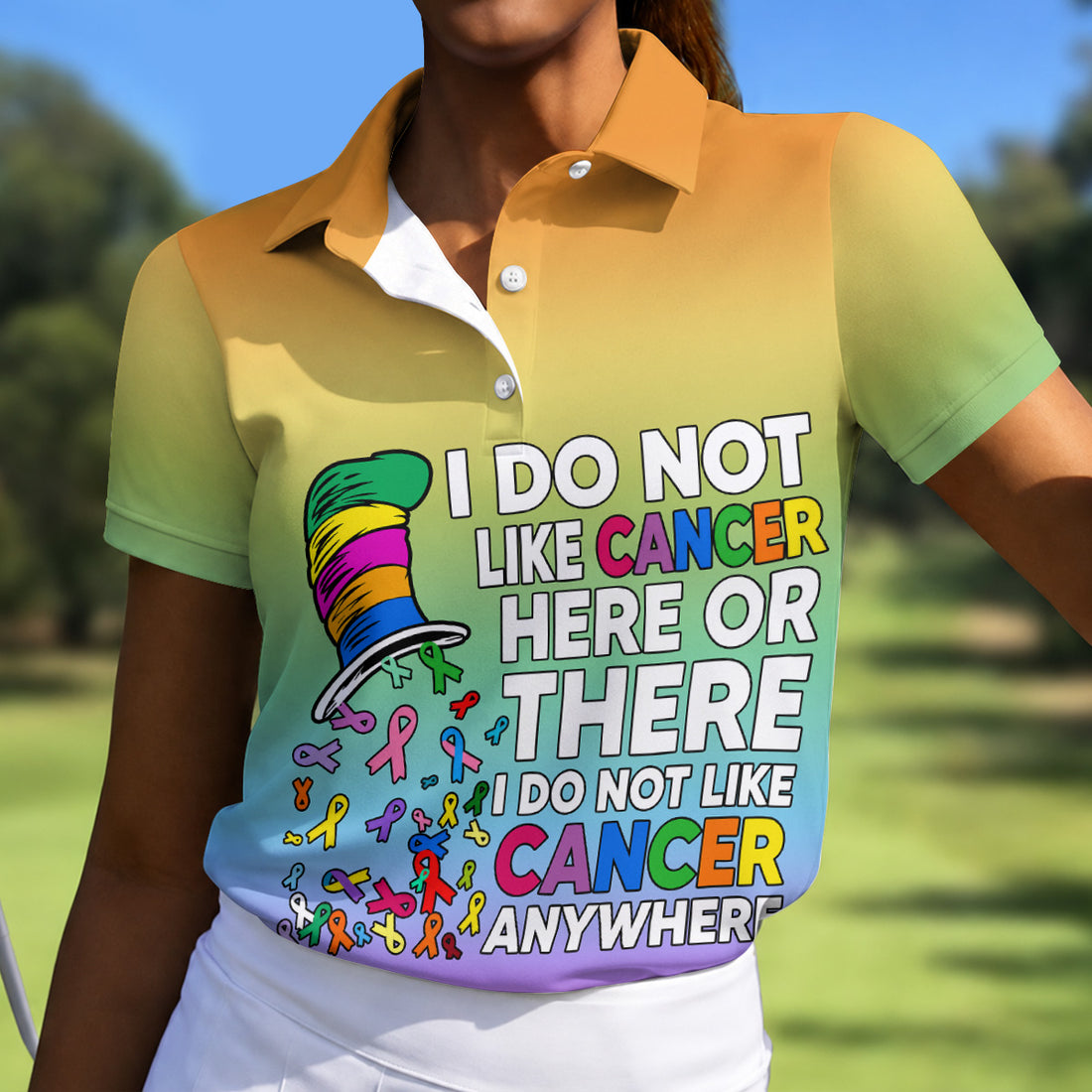 Do Not Like Cancer Anywhere Breast Cancer Polo Shirt, Ladies Golf Top, Women’s Golf Polo