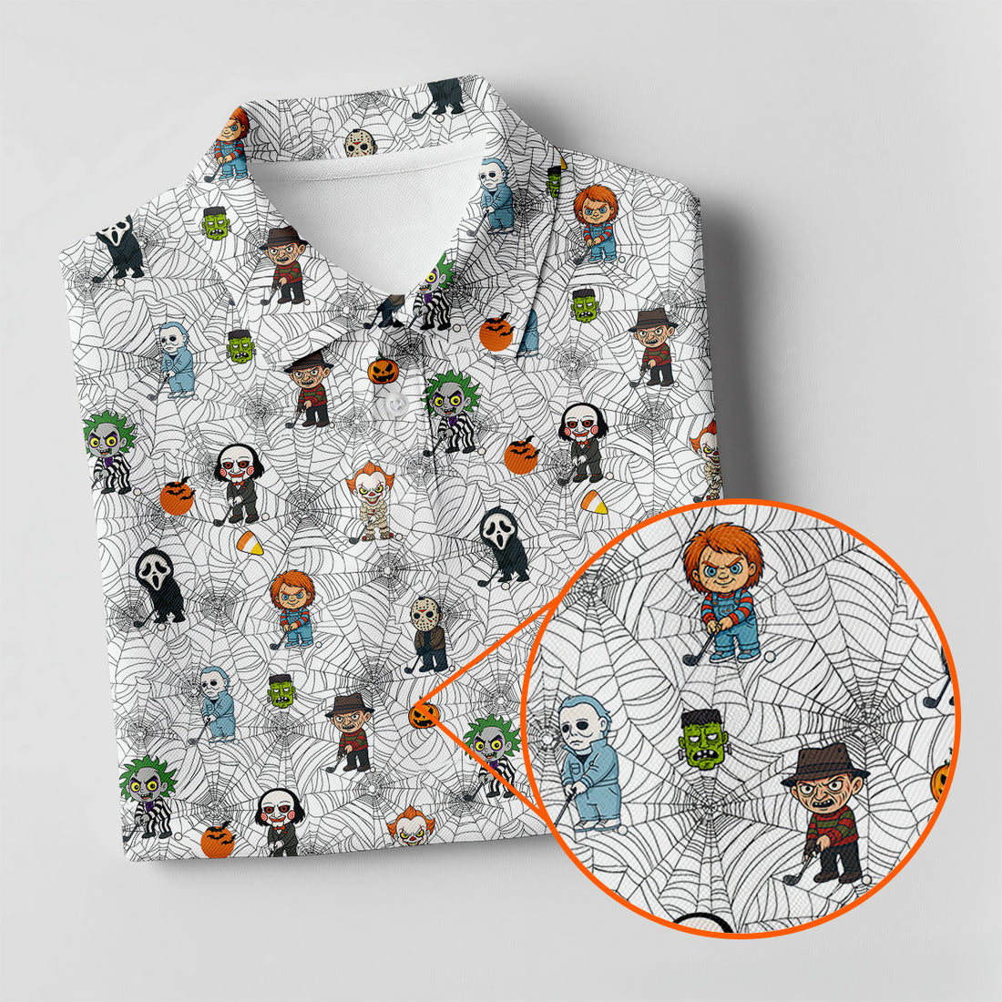 Funny Horror Character White Golf Polo Shirt, Horror Movie Shirt, Halloween Golf Shirt, Womens Golf Polo