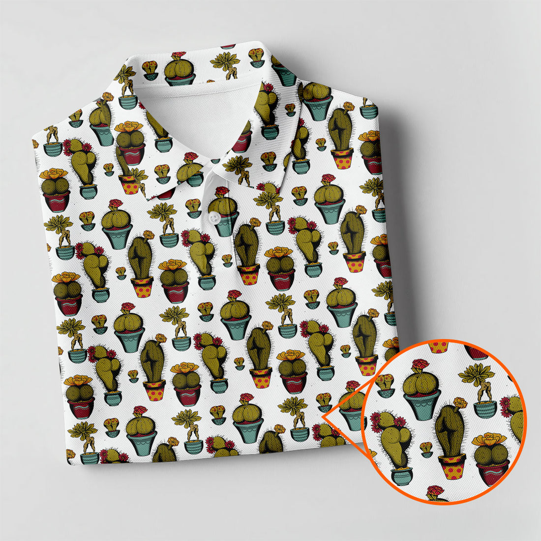 Funny Potted Cactus Pattern Men's Golf Polo Shirt, Adult Humor Golf Apparel For Men, Printed Golf Shirts