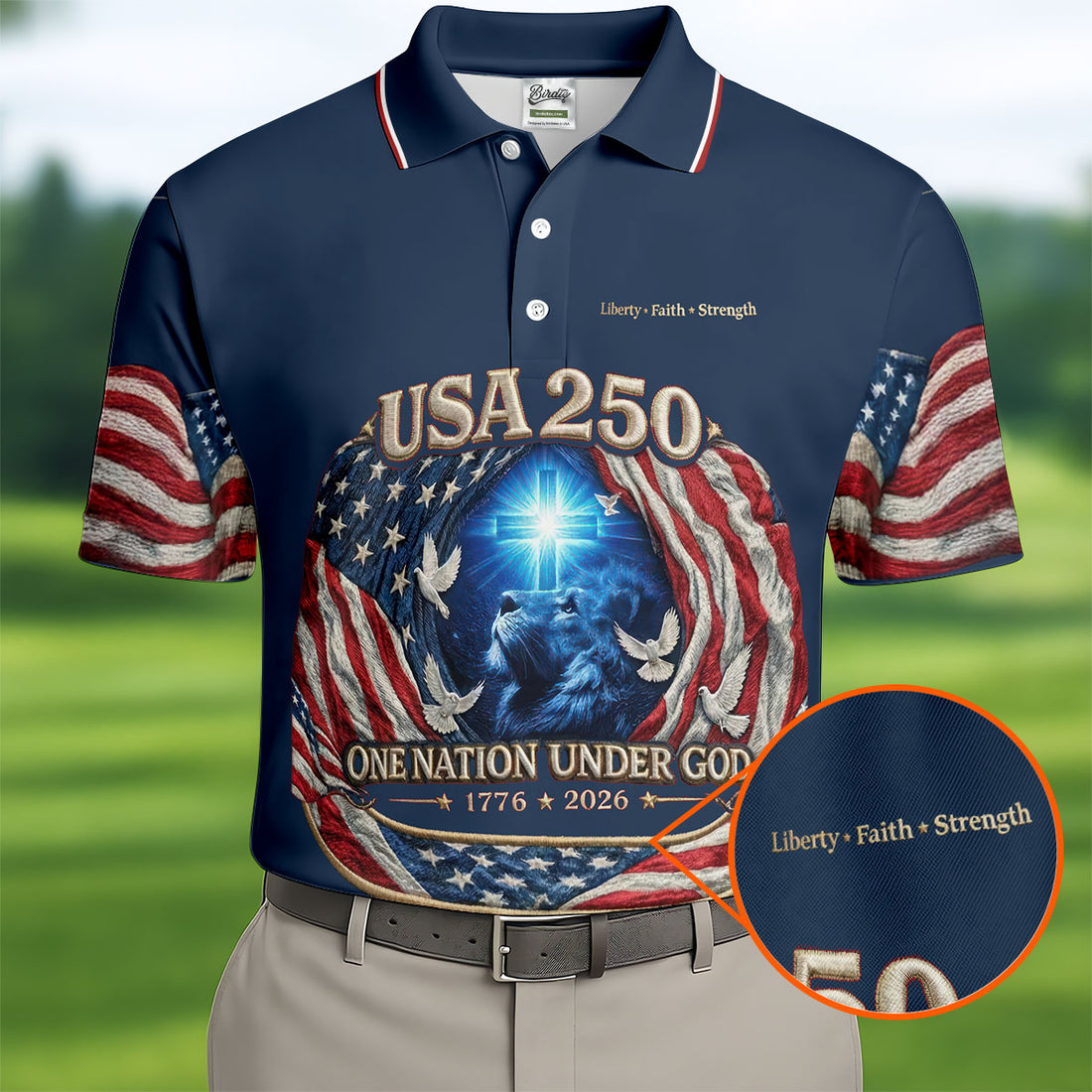 One Nation Under God Faith Cross USA 250 Navy Golf Shirt, 4th Of July Golf Shirts For Men