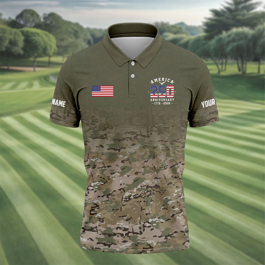 Custom America 250 Military Camo Golf Polo Shirt, Printed Golf Shirts, Golf Apparel For Men